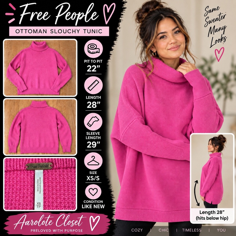 Free People Ottoman Slouchy Tunic Sweater Pink Mock Neck Oversized XS/S